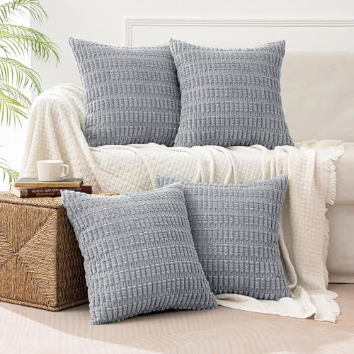 All Smiles Decorative Gray Throw Pillow Covers 16x16 Set of 4 Farmhouse Gray Boho Home Decor Soft Plush Striped Corduroy Square Cushion Case for Living Room Couch Bed Sofa