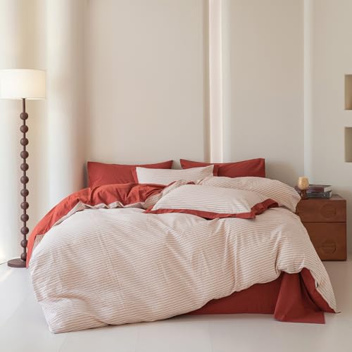 SUSYBAO King Duvet Cover 100% Washed Cotton 3 Pieces Set 1 Red Striped Duvet Cover with Zipper Ties 2 Pillow Shams Classic Soft Terracotta Pinstripe Print Bedding Set Breathable