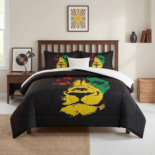 Pamnest Comforter Set King Size, Lion African Yellow Soft 3 Pcs Bedding for Kids and Adults, Green Red Black Rasta Comforter Set with Pillowcase, for Bedroom Bed Decor