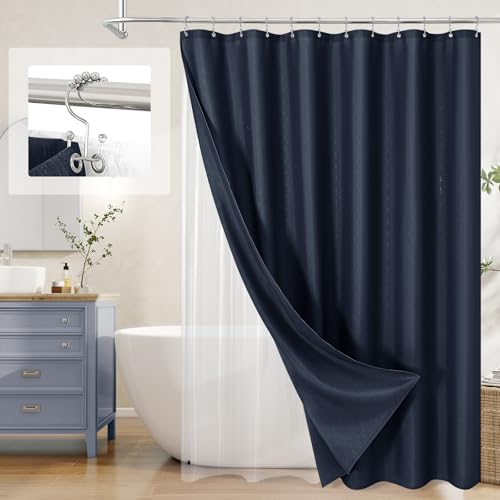 MitoVilla 3 in 1 Shower Curtain Set, Navy Blue Boho Farmhouse Linen Textured Bath Curtain and Clear PEVA Liner Set with 12 Double Sided Steel Hooks, Waterproof Fabric Hotel Bathroom Curtain - 72x72