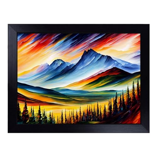 Lap Tray with Bean Bag Cushion, Mountains Scene Abstract - Handmade in the UK, Raised Wooden Edge, Padded Cushion, Heat-Resistant Wipe-Clean Surface, for Meals, Laptops and Crafts