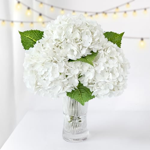 ZYTUYO 3 PCS White Hydrangea Real Touch Artificial Flowers 21'' Latex Large Hydrangea with Long Stems for Wedding Table Centerpieces Indoor Kitchen Spring Home Decor Outdoor Porch Flower Decor