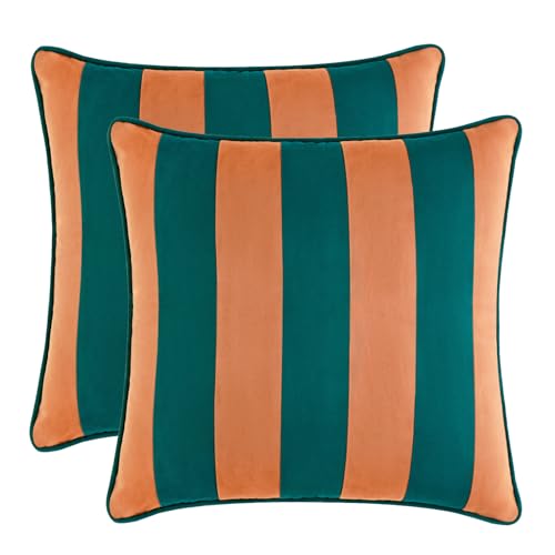 MONDAY MOOSE Decorative Throw Pillow Covers Cushion Cases, Set of 2 Soft Velvet Striped Piping Edge Designs, Pillow Inserts Not Included (Coral/Dark Teal, 20x20 inch)