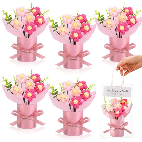 "Willinglong 6 Set Valentine's Day Crochet Puff Flowers Potted Plants, 4.7"" x 5.9"" Mini Artificial Knitted Woven Flowers Bouquets with Gift Bag for Women Table Centerpiece Decoration (Pink)"