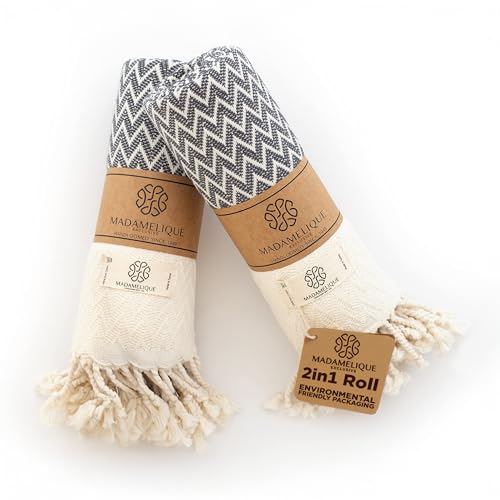 Madamelique Exclusive Hand Towels Set of 2-18 x 40 Inches - Decorative Bathroom Peshtemal Towel for Hand, Face, Hair, Yoga, Tea, Dishcloth, Kitchen and Bath - 100% Pure Cotton (Gray)