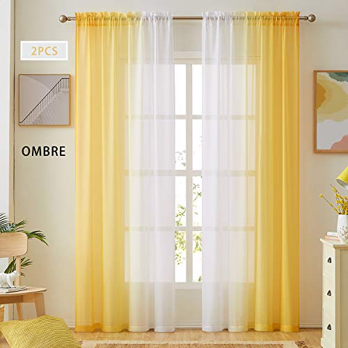 Ombre Faux Linen Sheer Curtains for Bedroom Living Room Rod Pocket, Privacy and Light Filtering, 2 Tone Reversible Gradient Voile Semi Window Curtains, Set of 2 Panels, Yellow, 54 x 84 Inch Length