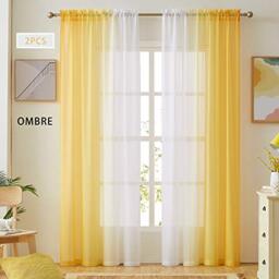 Ombre Faux Linen Sheer Curtains for Bedroom Living Room Rod Pocket, Privacy and Light Filtering, 2 Tone Reversible Gradient Voile Semi Window Curtains, Set of 2 Panels, Yellow, 54 x 84 Inch Length