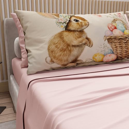 PETTI Artigiani Italiani - Easter Cotton Sheets with Pillowcases in Digital Print, Double Maxi, Complete Top and Bottom Sheet with Corners, 27 Powder, Made in Italy