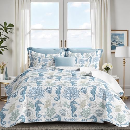 weesire Coastal Bedding Quilt King Size with 2 Shams, Nautical Beach Bedspreads Light Blue Ocean Coastal Coverlet Sets Summer Comforter Set for All Season, 90x96