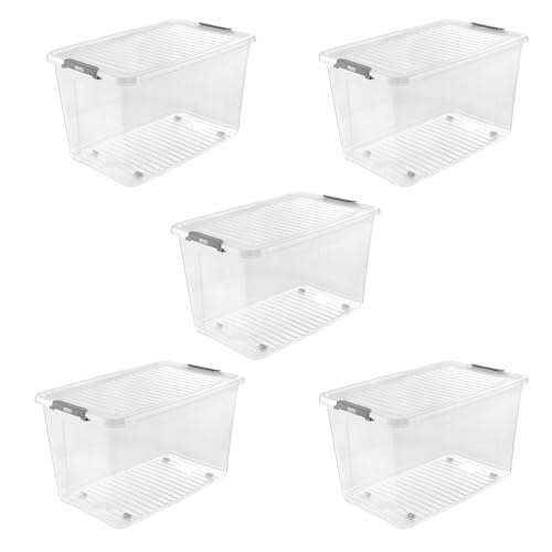 keeeper leo 5 x Storage Box with Lid and Wheels, 56 L, 59 x 38 x 35.5 cm, Clip Box, Transparent