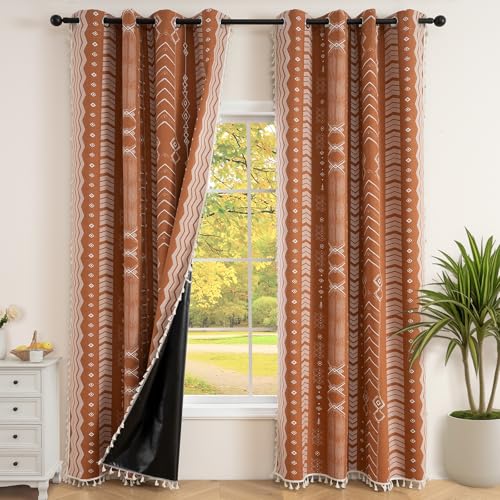 ColorBird 100% Boho Blackout Burnt Orange Thermal Insulated 96 Inch 2 Panels Set Western Southwest Linen Texture Black Out Fall Curtain for Living Room Bedroom