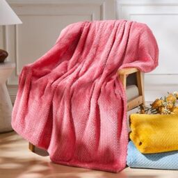 NEWCOSPLAY, Super Soft Throw Blanket, Silky Flannel Fleece, Leaves Pattern, Lightweight Bed Blanket All Seasons, Coral Pink, Throw (127 x 152.4 cm)