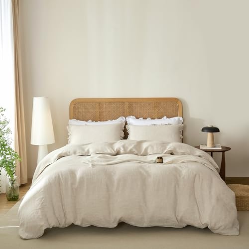 Talasily 100% French Linen Duvet Cover Set 2pc - Zipper Closure & 8 Corner Ties with Ruffled Pillowcases All-Season Breathable Bedding (Twin,Linen)