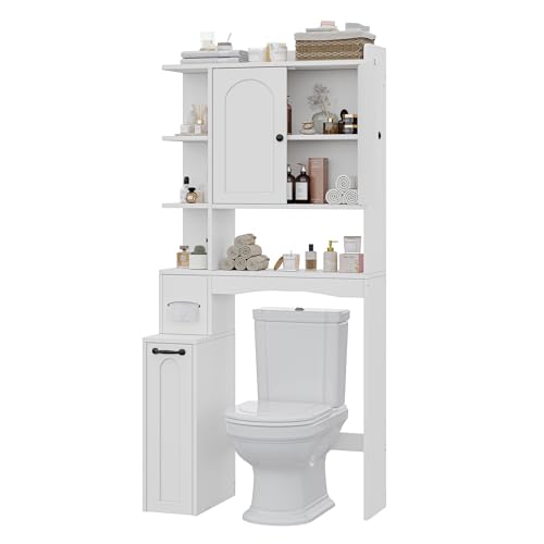 Feonase Over Toilet Storage Unit, White Toilet Storage Cabinets with Toilet Paper Holder, Doors & Adjustable Shelves, Pulley Small Storage Cabinet for Bathroom, Restroom, Laundry, 36x 80x171.5cm