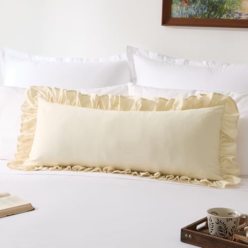 Kevin Textile 14x36 Inch Long Lumbar Pillow Cover 1 Pack 100% Cotton Lace Ruffles Scalloped Decorative Rectangle Cushion Case Soft Body Pillow for Bedding Couch Sofa, Cream White