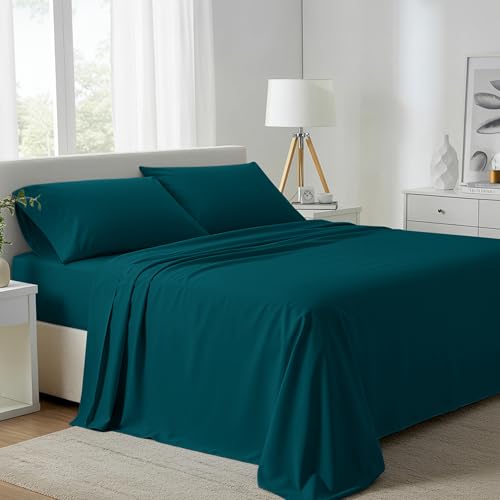 "Carressa Linen 100% Egyptian Cotton Full Size Bed Sheets Set - 800 Series Tulips Collection Egyptian Cotton Sheets Full Size (4 PC, Teal), 16"" Deep Pocket Sateen Weave Luxury Bed Sheet"