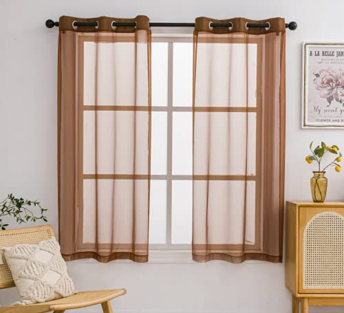 PI Sheer Curtains Panels Ring Top Airy Voile Window Draperies for Dining Room 2 Panels (W52 X L63, Caramel Brown)