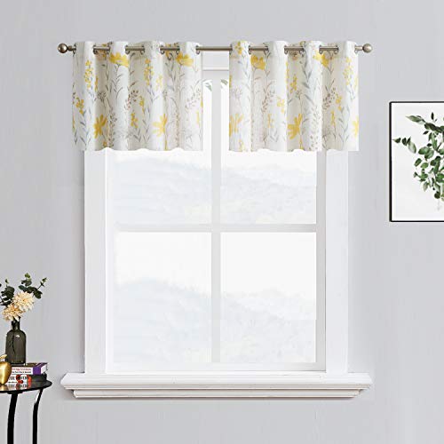 Printed Kitchen Valance Linen Textured 18-inches Floral Leaf Design Farmhouse Style Window Panel Drapes Set Grommet Treatment for Basement Caf?? Room, 52 x 18 inch, Yellow