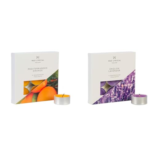 Wax Lyrical Scented Tealight Candles, Box of 9, Mediterranean Orange & Scented Tealight Candles, Box of 9, English Lavender, Silver