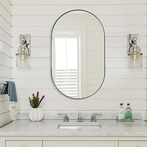 ANDY STAR Brushed Nickel Oval Bathroom Mirror, 20x33 inch Pill-Shaped Mirror for Wall HD Reflection Metal Frame Mirror for Bathroom Hang Vertical or Horizontal