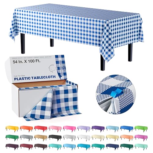 Party Solids 54 Inch X 100 Feet Blue Gingham Plastic Table Cover Roll in A Cut - to - Size Box with Convenient Slide Cutter. Cuts Up to 12 Rectangle 8 Feet Plastic Tablecloths