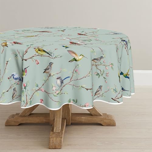 Horaldaily Spring Tablecloth 90 x 90 Inch Round Birds Branch Green Floral - Seasonal Washable Table Cover for Party Picnic Dinner Decor