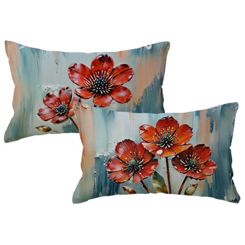 ULOVE LOVE YOURSELF 2Pack Flowers Decorative Pillow Covers Modern Red Poppy Design Cushion Covers Oil Painting Pretty Floral Lumbar Pillowcases 12 x 20 Inch Farmhouse Spring Summer Decorations (Red)