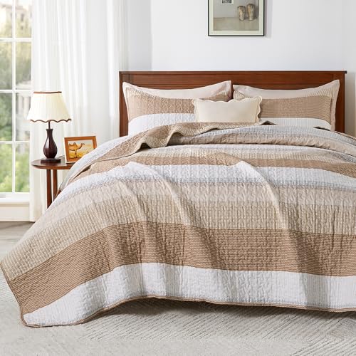 Andency King Size Quilt Set Taupe, 3 Pcs Bedspreads & Coverlets - Ultra Soft Lightweight Patchwork Striped Quilted Bedding Sets for All Seasons (1 Quilt, 2 Pillow Shams)