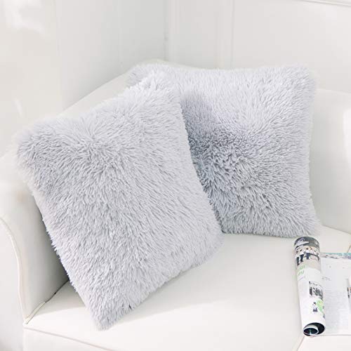 NordECO HOME - Luxury Soft Faux Fur Fleece Cushion Cover, Decorative Throw Pillow Covers, No Pillow Insert, 16 x 16 Inch, Light Grey, Pack of 2