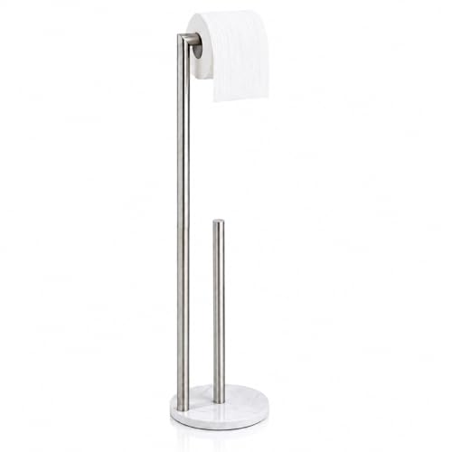 Marble Toilet Paper Holder Stand - Brushed Nickel, Freestanding with Storage, Floor Stand, Silver Toilet Roll Holder, Standing Paper Towel Holder