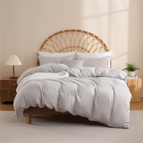 JSD Light Grey Duvet Cover Set Queen Size - 3 Piece Soft Microfiber Duvet Cover with Pillow Shams Zipper Closure, Comforter Not Included, Oeko-Tex Certified
