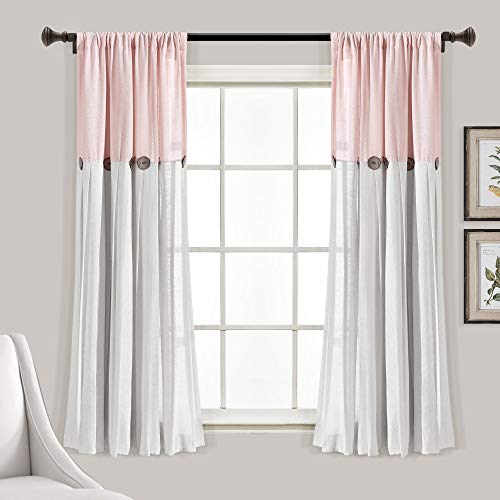 "Lush Decor Linen Button Window Curtain Single Panel, Blush & White, 63"" L x 40"""