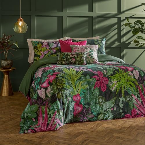 Paoletti Veadeiros Duvet Cover Set – Reversible Botanical Watercolour Jungle Piped Edge Luxury Bedding (Pink/Green – Super King)