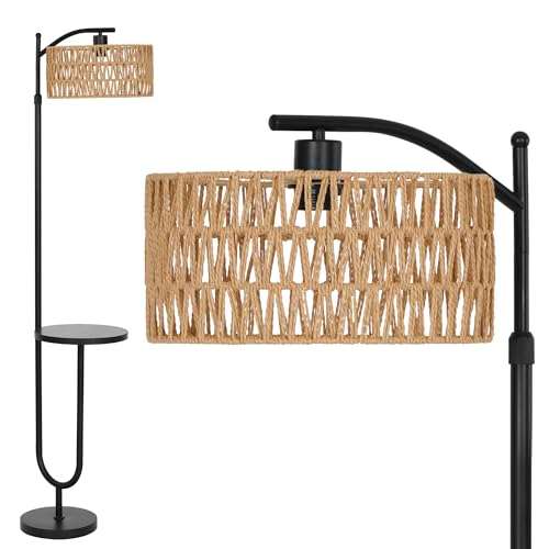 LuminexDesigns Floor Lamp with Shelf – Rattan Standing Lamp E27 in Black for Living Room and Bedroom, Adjustable Height 152~176CM Vintage Tall Pole Light Boho with Foot Switch (Excluding Light Bulbs)
