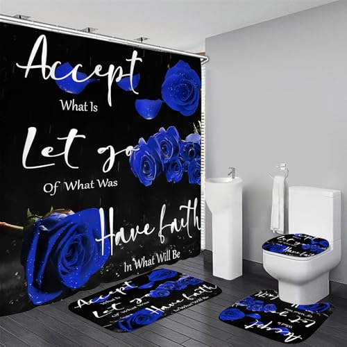 Yddsky 4 Pcs Blue Rose Shower Curtain Sets Non-Slip Rugs Bath Mat Toilet Cover U Shaped Mat Thankful Grateful Blessed Black Blue Shower Curtain with 12 Hooks Bathroom Set