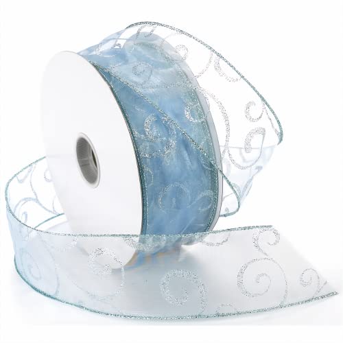 "Morex Ribbon 7416.60/50-602 Swirl 2.5"" X 50 YD Nylon Sheer Curling Wired Glitter Ribbon, Ice Blue, Holiday Ribbons for Crafts and Christmas Decorations, Indoor Christmas Ribbon for Gift Wrapping"