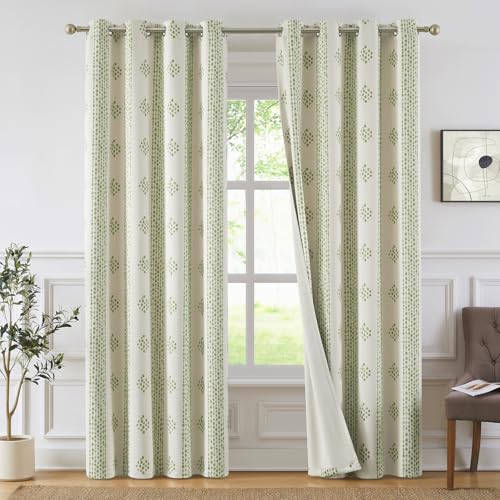 "Melodieux Sage Green Boho Blackout Curtains for Bedroom 84 Inch Length 2 Panels Set, Living Room Darkening 80% Light Blocking Striped Curtains Vintage Cotton Textured Grommet Drapes, 52"" W x 84"" L"
