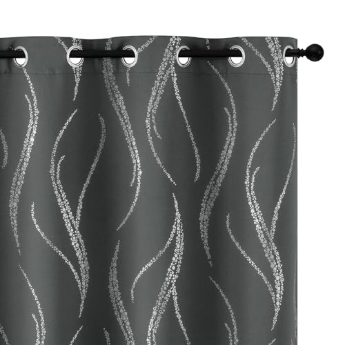 Yakamok Blackout Curtains 90 inch Length Living Room Thermal Insulated Silver Wave Line Dots Pattern Darkening Grommet for Bedroom, Dark Grey, W52 x L90-inch, 2 Panels Dark Grey/Silver Print