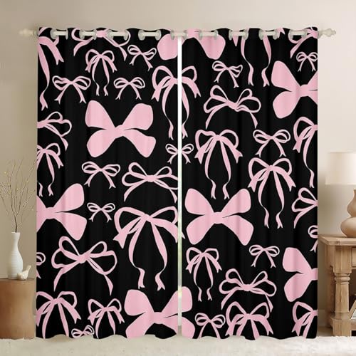 Feelyou Bow 30%-50% Room Darkening Blackout Curtain (2 Panels, 42 x 90 Inch) Black Pink Girls Bow Curtains for Bedroom Living Room Cute Bowknot Blackout Curtains Kawaii Bow Window Treatments