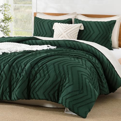 Litanika California King Comforter Set, 3 Pcs Boho Tufted Bedding Set - Emerald GreenNeutral Lightweight Fluffy Chevron Textured Bohemian Bedding Set Gift Choice