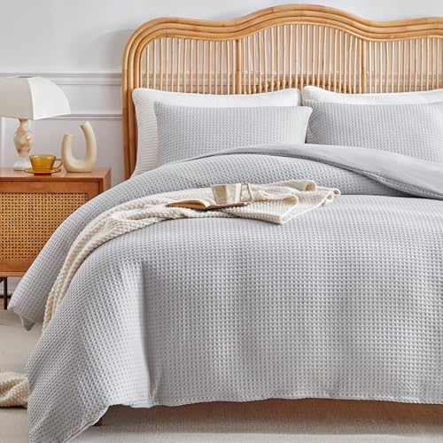 WARMDERN Waffle Weave Light Grey Duvet Cover King Size, Textured, 3-Piece - Zipper Closure, 4 Corner Ties, All-Season, Machine Washable, Ultra Soft, Breathable, Lightweight Bedding Set, Durable