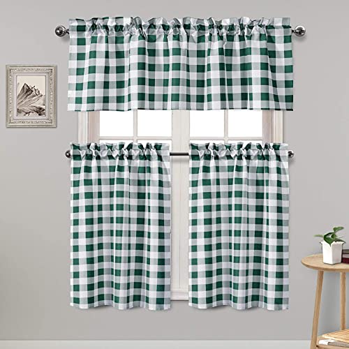 Hiasan 3 Piece Semi Sheer Kitchen Curtains - Light Filtering Buffalo Plaid Tier and Valance Window Curtains Set, Forest Green and White, 52 W x 18 L (1 Panel) + 26 W x 24 L (2 Panels)