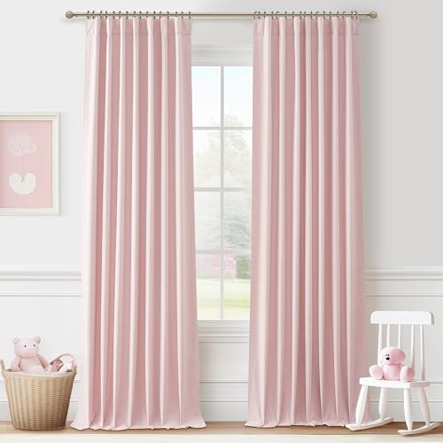 Pink Thick Linen Thermal Blackout Curtains 96 Inch Long for Winter Insulated, Pleated Elegant Living Room Curtain 2 Panels Set Privacy Decor Window Drapes 8 FT Length 2 Burg (Hooks Rings & Rod Pocket)