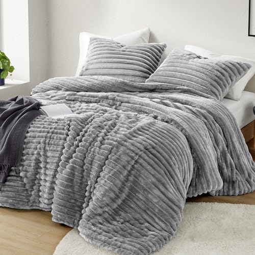 Intelligent Design Queen Comforter Set, Cozy Plush Bedding, Microfiber Reverse, 3 Piece, Lightweight, Super Soft Ribbed Velvet Comforter 2 Shams, All Season Fluffy Bed Set, Avril, Full/Queen Grey