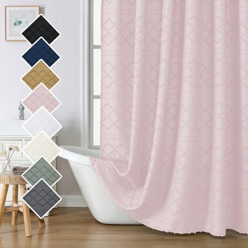 Lecloud Blush Pink Shower Curtain Set 72x96 Inches, Modern Farmhouse Tufted Plaid Striped Textured Minimalist Chic Fabric Shower Curtain for Hotel Bathroom