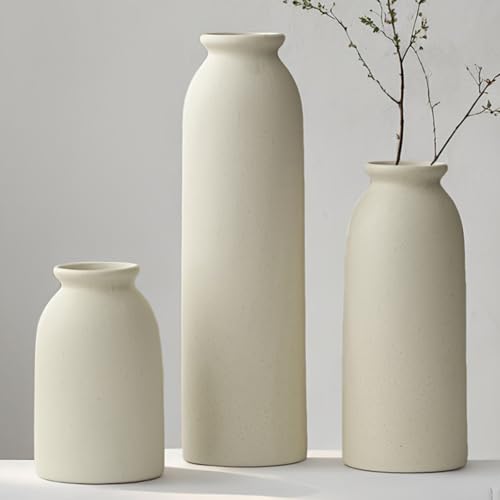 10.4 inches Tall Decorative Ceramic Vase Set, 3 Pieces, 10 inches Nordic Modern Style, White, Farmhouse Home Boho Shelf Decor(Beige L)