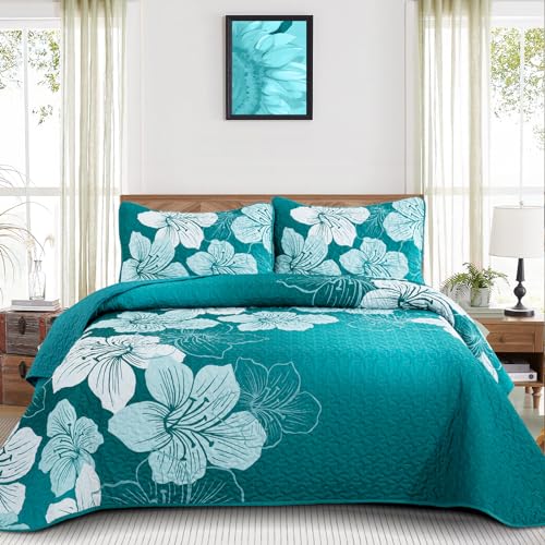 DJY Floral Queen Quilt Set Gradient Green Floral Quilt Coverlet Set 3 Pieces Botanical Bedspread with 2 Pillow Shams Elegent Lightweight Flower Bedding Quilts Set for All Season 90''x96''