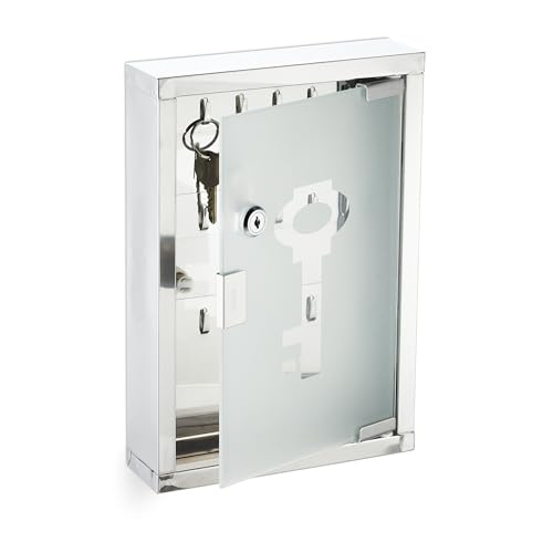 Relaxdays Lockable Key Cabinet, Key Box for Walls, Stainless Steel Key Case, HBT: 32x22x6 cm, Silver