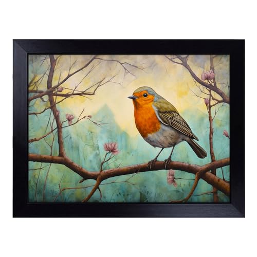 Lap Tray with Bean Bag Cushion, Robin Bird Colour Field - Handmade in the UK, Raised Wooden Edge, Padded Cushion, Heat-Resistant Wipe-Clean Surface, for Meals, Laptops and Crafts