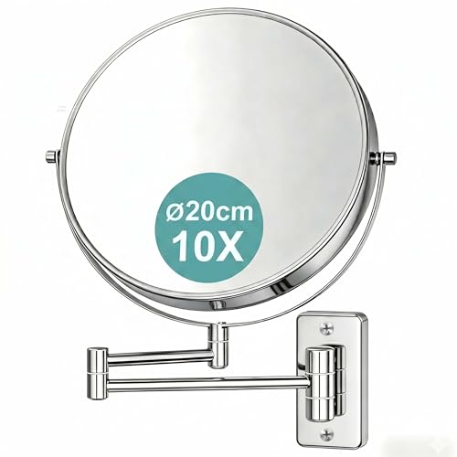 Relaxdays wall-mounted cosmetic mirror, 10x magnification, 360° swivel, Ø 20 cm, metal, silver